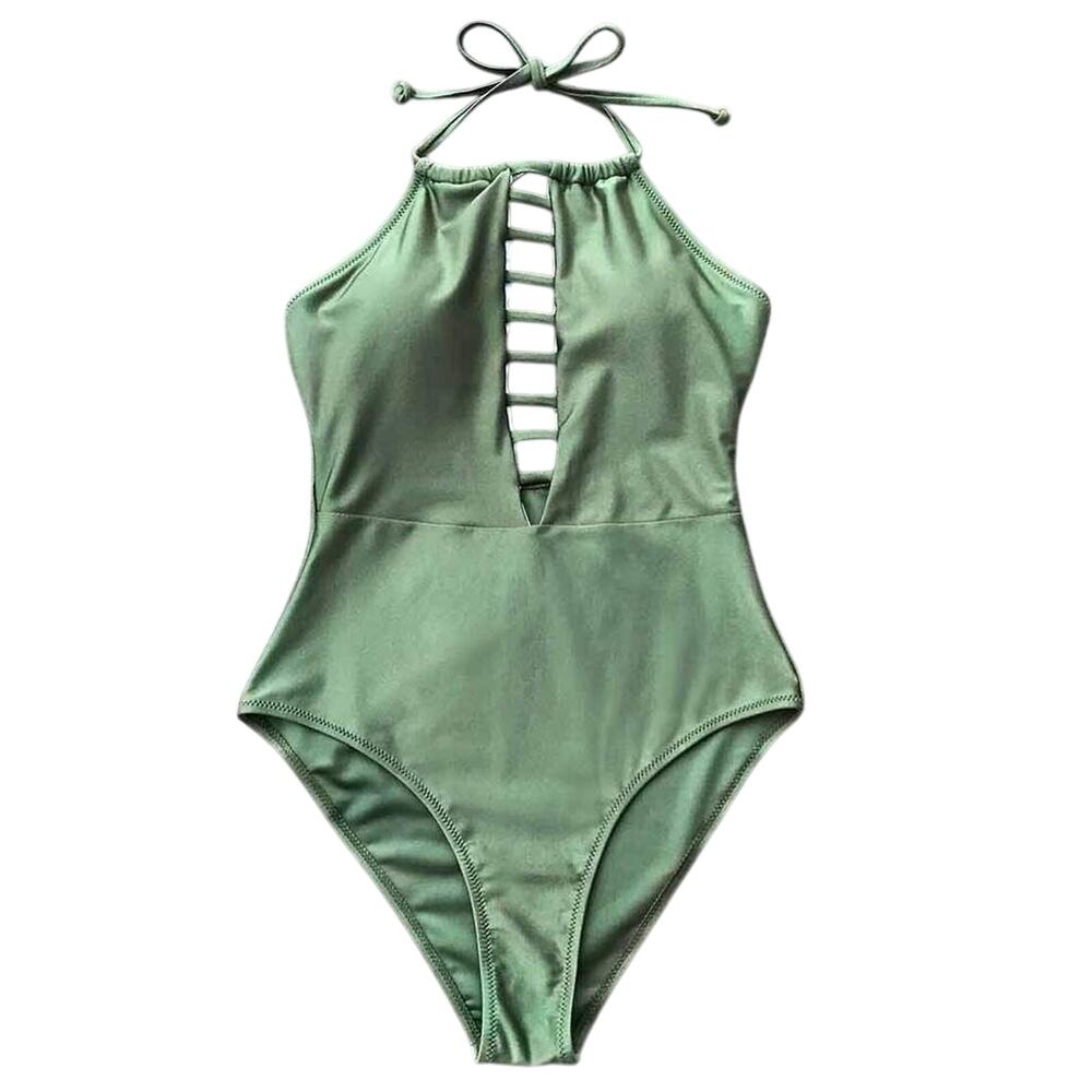 CUPSHE NWT Women's Large Green Halter Plunge Cut Outs Padded One Piece‎ Swimsuit